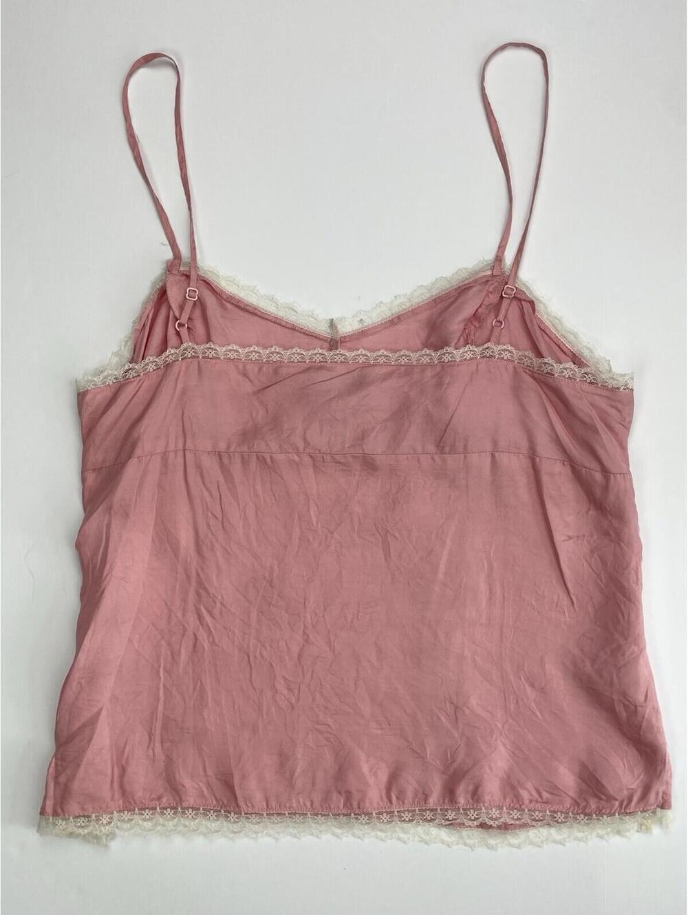 American Eagle 100% Silk Camisole Top 12 Pink Lace Trim Pintuck Boho Romantic - Picture 2 of 7